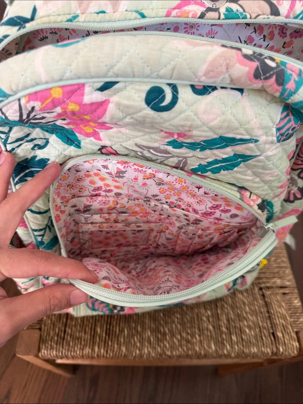 Vera Bradley Quilted Floral Backpack in Mint with Pink & Teal Accents
